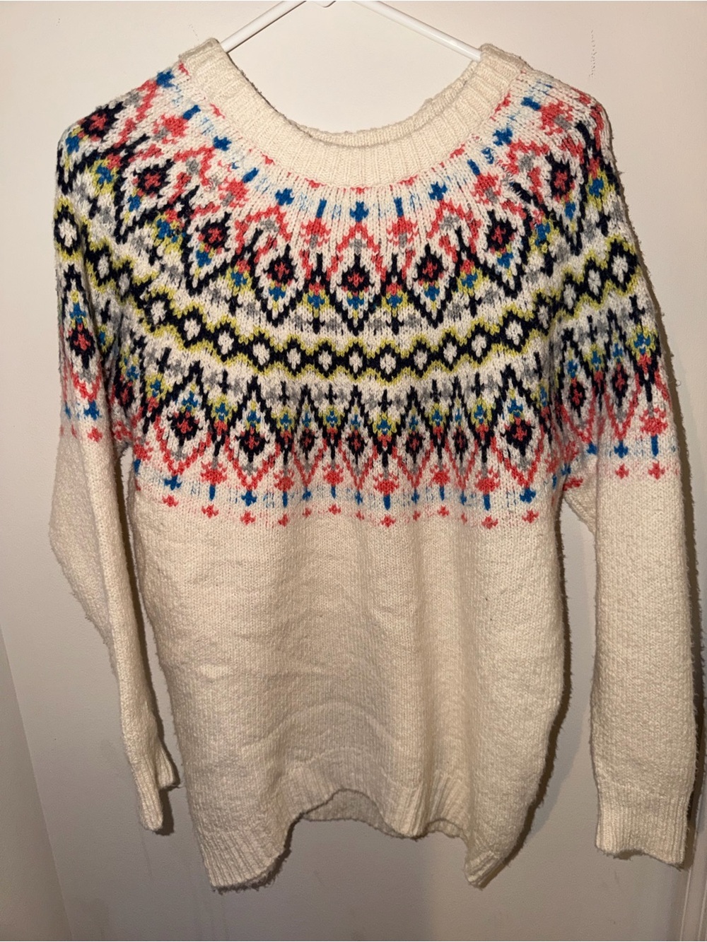 aerie Ivory Fair Isle Crewneck Sweater with Coral, Blue & Lime Accents. Thick, s